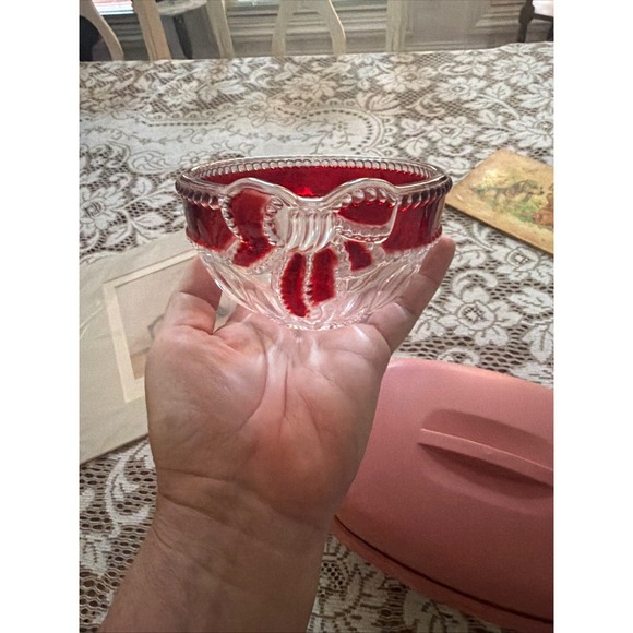 Other - Mikasa Bowl Ruby Red Bow Ribbon Clear Pressed Candy Dish Vintage